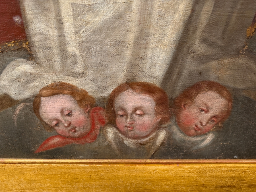 Antique Spanish Colonial Oil On Canvas Mounted On Board Painting Of The Immaculate Conception Showing The Virgin Mary Surrounded By Angels 32.5 X 48 In Gilt Wooden Frame 40 X 62 (RSF) [Photo 7]