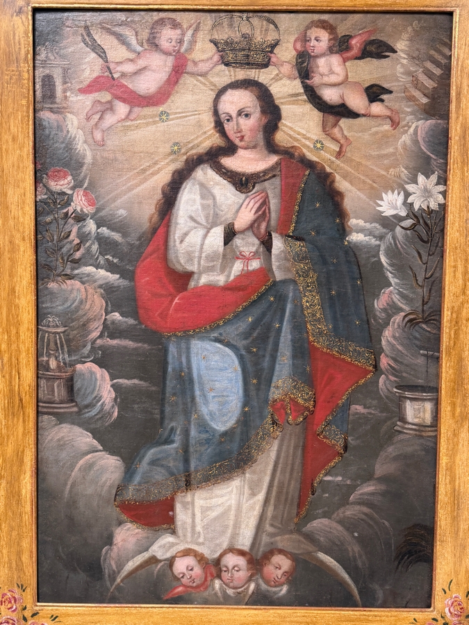 Antique Spanish Colonial Oil On Canvas Mounted On Board Painting Of The Immaculate Conception Showing The Virgin Mary Surrounded By Angels 32.5 X 48 In Gilt Wooden Frame 40 X 62 (RSF) [Photo 2]