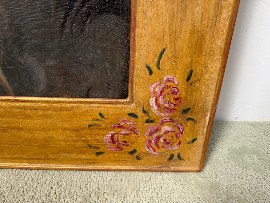Antique Spanish Colonial Oil On Canvas Mounted On Board Painting Of The Immaculate Conception Showing The Virgin Mary Surrounded By Angels 32.5 X 48 In Gilt Wooden Frame 40 X 62 (RSF) [Photo 9]