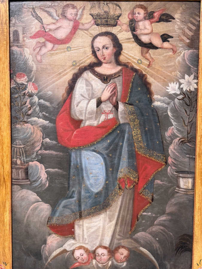 Antique Spanish Colonial Oil On Canvas Mounted On Board Painting Of The Immaculate Conception Showing The Virgin Mary Surrounded By Angels 32.5 X 48 In Gilt Wooden Frame 40 X 62 (RSF) [Photo 3]