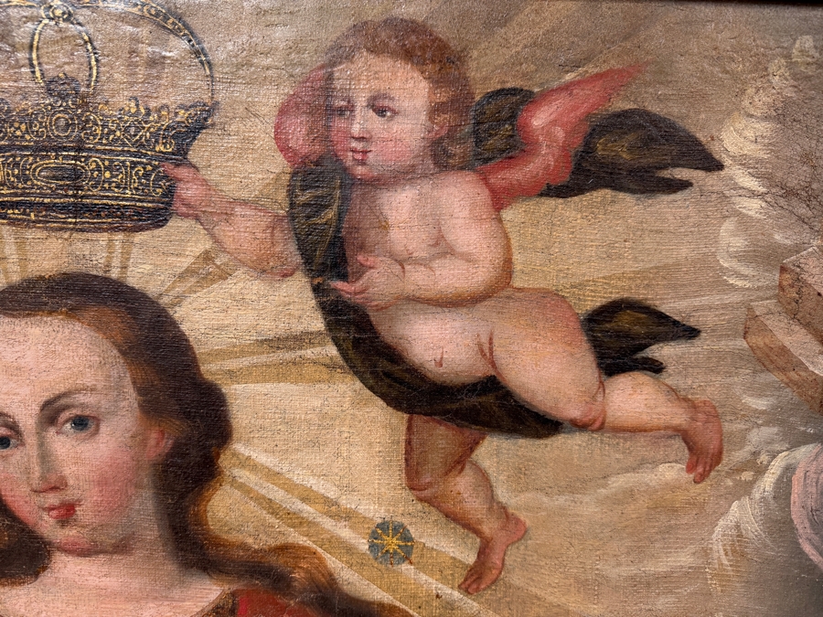 Antique Spanish Colonial Oil On Canvas Mounted On Board Painting Of The Immaculate Conception Showing The Virgin Mary Surrounded By Angels 32.5 X 48 In Gilt Wooden Frame 40 X 62 (RSF) [Photo 6]