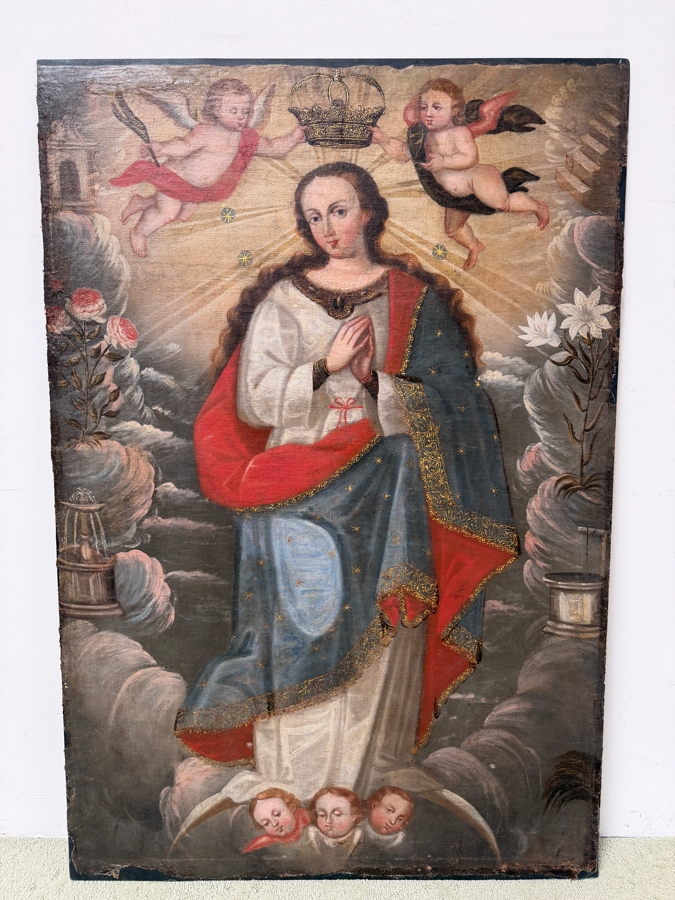 Antique Spanish Colonial Oil On Canvas Mounted On Board Painting Of The Immaculate Conception Showing The Virgin Mary Surrounded By Angels 32.5 X 48 In Gilt Wooden Frame 40 X 62 (RSF) [Photo 10]