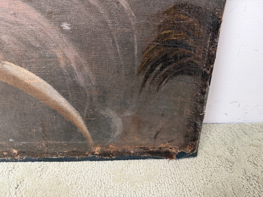 Antique Spanish Colonial Oil On Canvas Mounted On Board Painting Of The Immaculate Conception Showing The Virgin Mary Surrounded By Angels 32.5 X 48 In Gilt Wooden Frame 40 X 62 (RSF) [Photo 15]