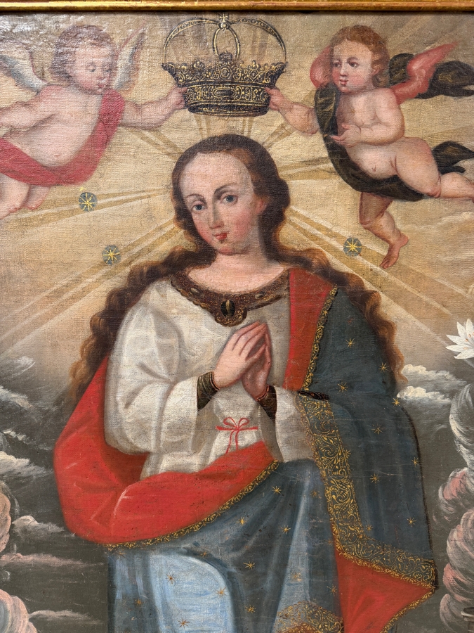 Antique Spanish Colonial Oil On Canvas Mounted On Board Painting Of The Immaculate Conception Showing The Virgin Mary Surrounded By Angels 32.5 X 48 In Gilt Wooden Frame 40 X 62 (RSF) [Photo 5]
