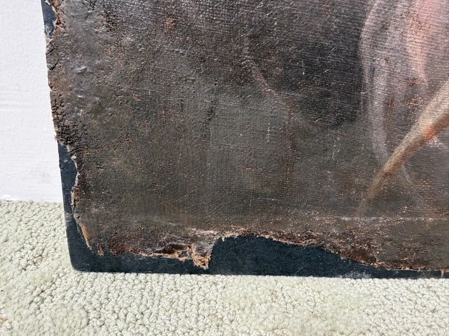 Antique Spanish Colonial Oil On Canvas Mounted On Board Painting Of The Immaculate Conception Showing The Virgin Mary Surrounded By Angels 32.5 X 48 In Gilt Wooden Frame 40 X 62 (RSF) [Photo 14]