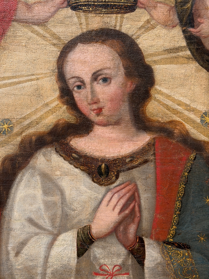 Antique Spanish Colonial Oil On Canvas Mounted On Board Painting Of The Immaculate Conception Showing The Virgin Mary Surrounded By Angels 32.5 X 48 In Gilt Wooden Frame 40 X 62 (RSF) [Photo 4]