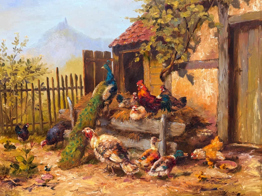 Bernhard De Jong (B. 1950, Dutch) Original Painting On Board Titled 'At The Farm' 19.5 X 15.5 Framed 27 X 23 Retailed $2,500 (RSF) [Photo 5]