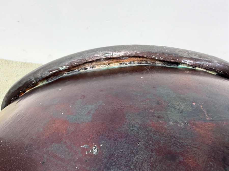 Antique Hand Wrought Hammered Copper Cooking Cauldron With Lid And Wrought Iron Handle 22W X 16D X 16H Weighs 24.44lbs (RSF) [Photo 12]