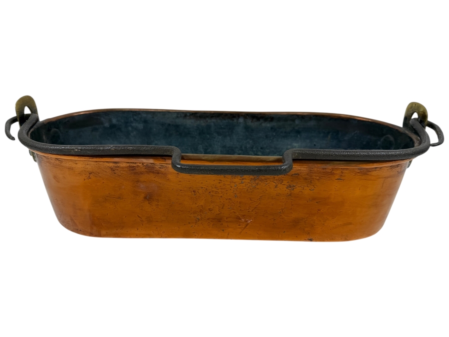 Antique French Copper Fish Poacher Kettel Poissonniere With Wrought Iron Handle 17W X 7D X 4H (RSF)