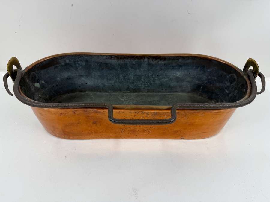 Antique French Copper Fish Poacher Kettel Poissonniere With Wrought Iron Handle 17W X 7D X 4H (RSF) [Photo 3]