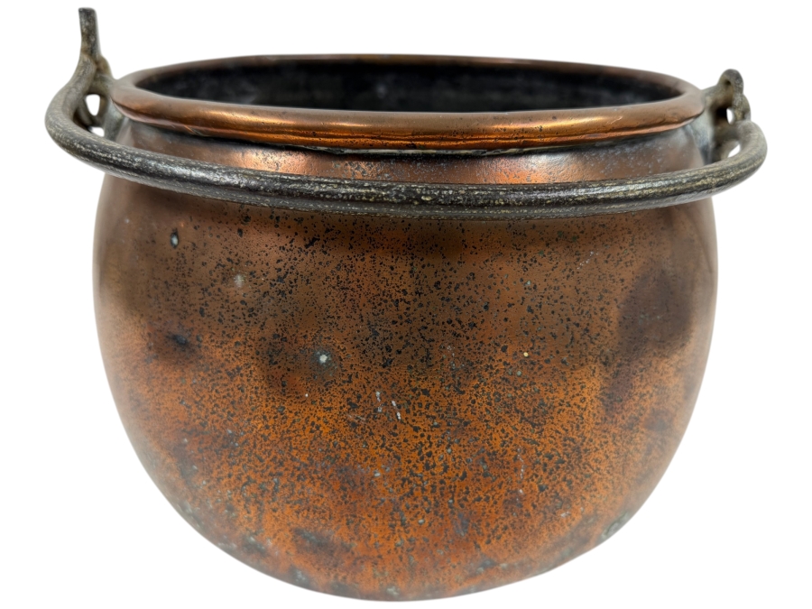 Antique Hand Wrought Copper Cauldron Pot With Wrought Iron Handle 12W X 8H (RSF)