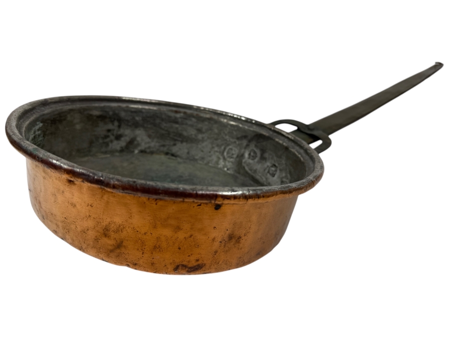 Antique Copper Pan With Wrought Iron Handle 10W X 21L X 3.75H (RSF)