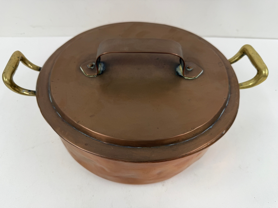 Vintage French Oval Copper Pot With Lid And Brass Handles 12W X 9.5D X 5H (RSF) [Photo 3]