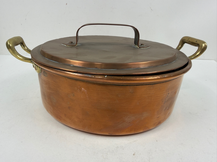 Vintage French Oval Copper Pot With Lid And Brass Handles 12W X 9.5D X 5H (RSF) [Photo 4]