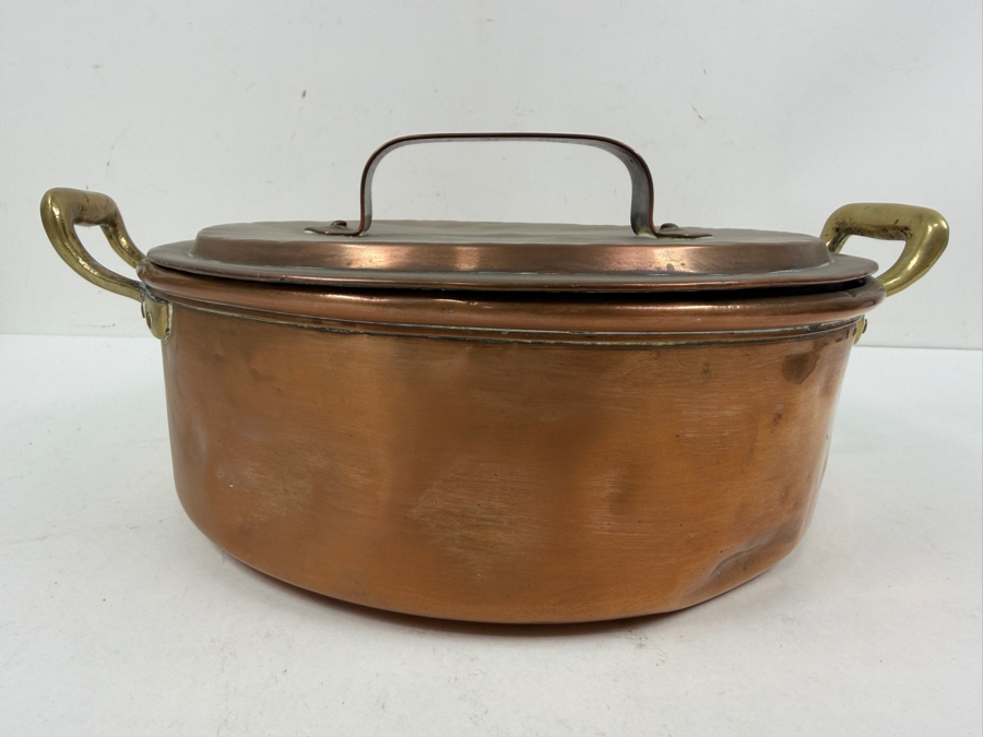 Vintage French Oval Copper Pot With Lid And Brass Handles 12W X 9.5D X 5H (RSF) [Photo 2]