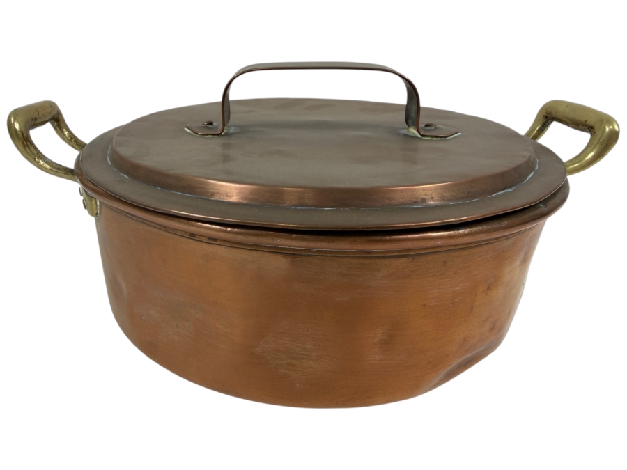 Vintage French Oval Copper Pot With Lid And Brass Handles 12W X 9.5D X 5H (RSF)