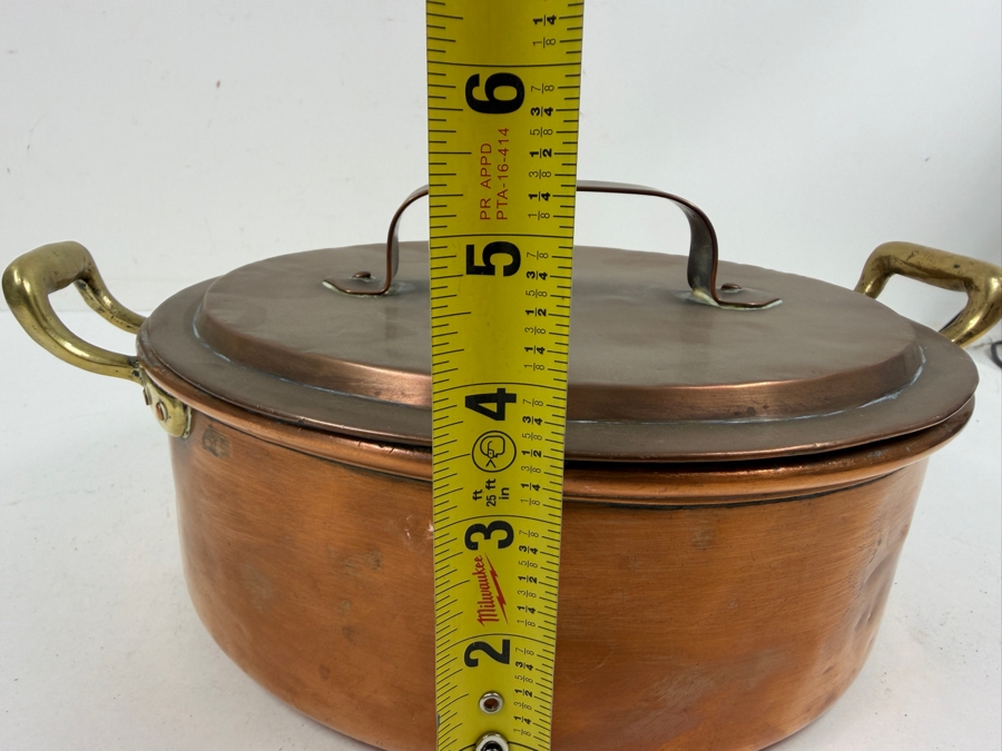 Vintage French Oval Copper Pot With Lid And Brass Handles 12W X 9.5D X 5H (RSF) [Photo 10]