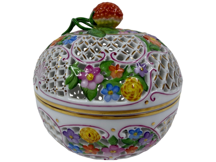 Herend Handpainted Porcelain Reticulated Potpourri Box With Strawberry Finial 6'W X 6'H (RSF)