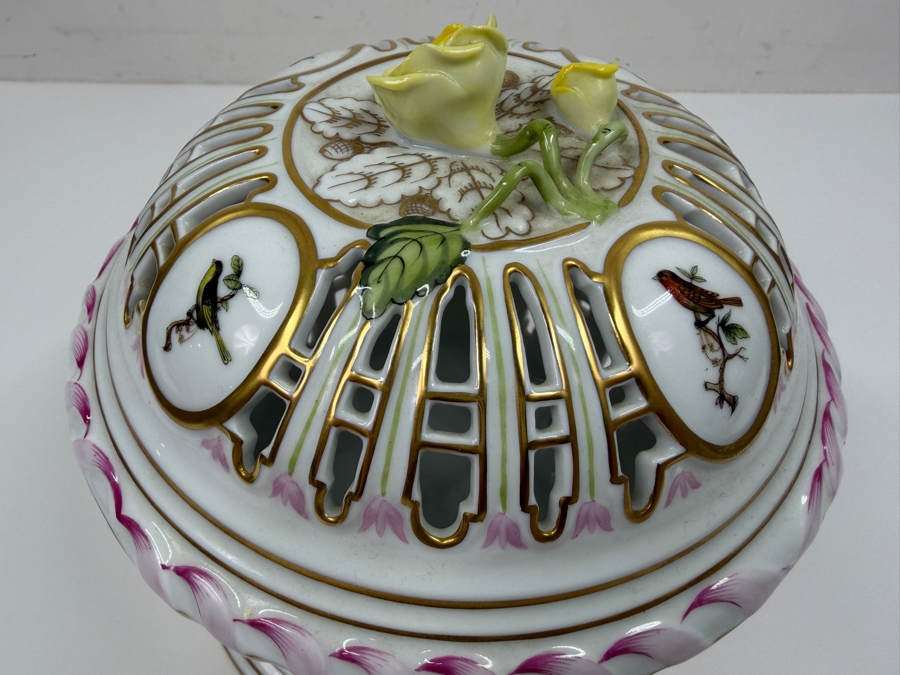 Herend Porcelain Openwork Biscuit Barrel And Lid With Hand-Painted Rothschild Birds And Floral Accents 6.5'W X 7'H (RSF) [Photo 10]