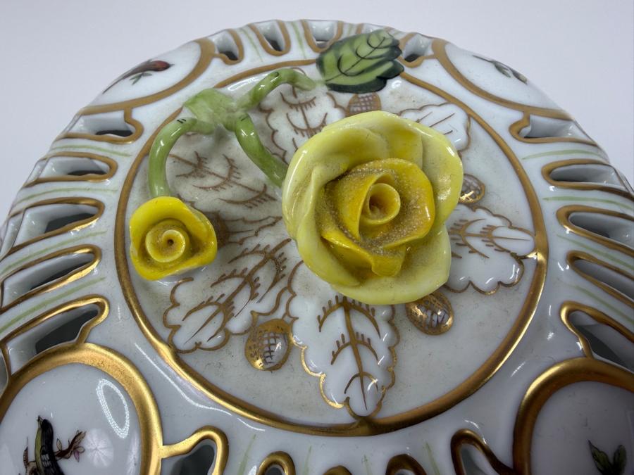 Herend Porcelain Openwork Biscuit Barrel And Lid With Hand-Painted Rothschild Birds And Floral Accents 6.5'W X 7'H (RSF) [Photo 3]