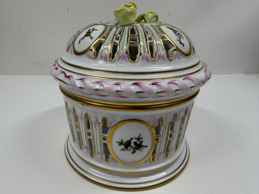 Herend Porcelain Openwork Biscuit Barrel And Lid With Hand-Painted Rothschild Birds And Floral Accents 6.5'W X 7'H (RSF) [Photo 8]