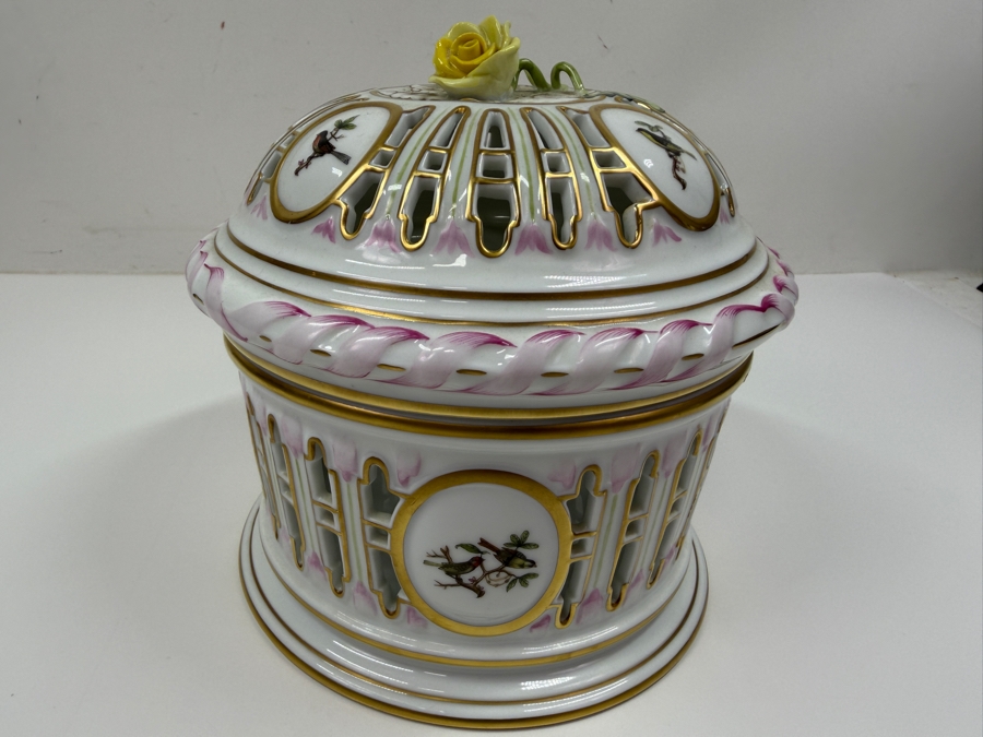 Herend Porcelain Openwork Biscuit Barrel And Lid With Hand-Painted Rothschild Birds And Floral Accents 6.5'W X 7'H (RSF) [Photo 5]