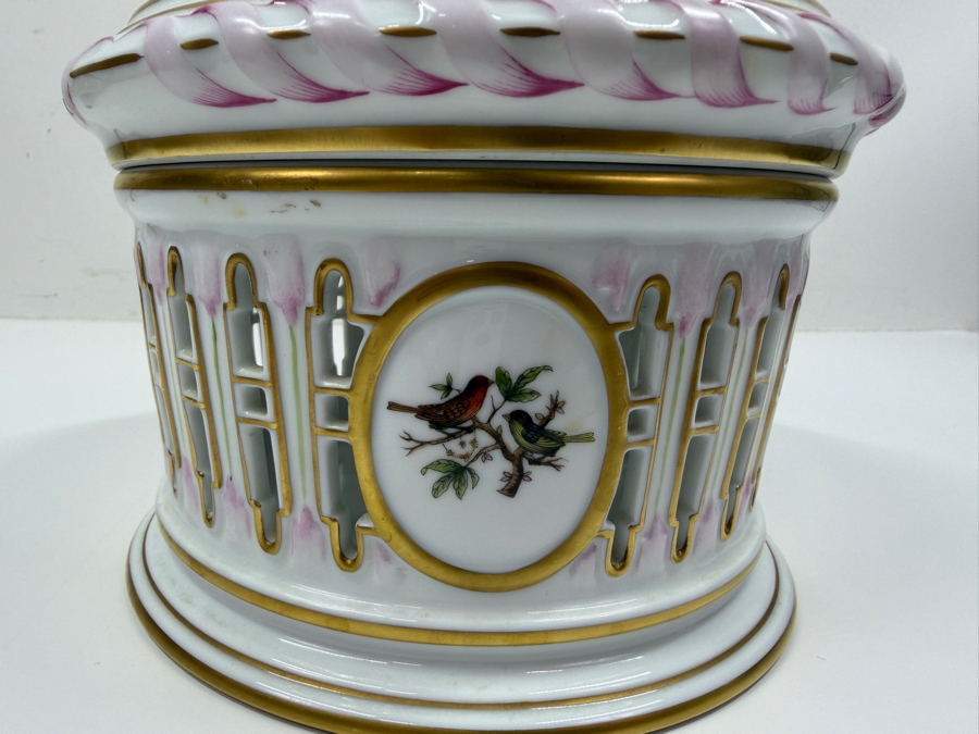 Herend Porcelain Openwork Biscuit Barrel And Lid With Hand-Painted Rothschild Birds And Floral Accents 6.5'W X 7'H (RSF) [Photo 4]