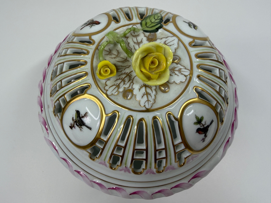 Herend Porcelain Openwork Biscuit Barrel And Lid With Hand-Painted Rothschild Birds And Floral Accents 6.5'W X 7'H (RSF) [Photo 2]