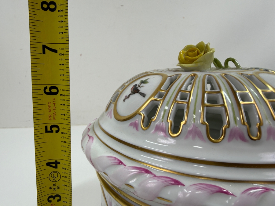 Herend Porcelain Openwork Biscuit Barrel And Lid With Hand-Painted Rothschild Birds And Floral Accents 6.5'W X 7'H (RSF) [Photo 16]