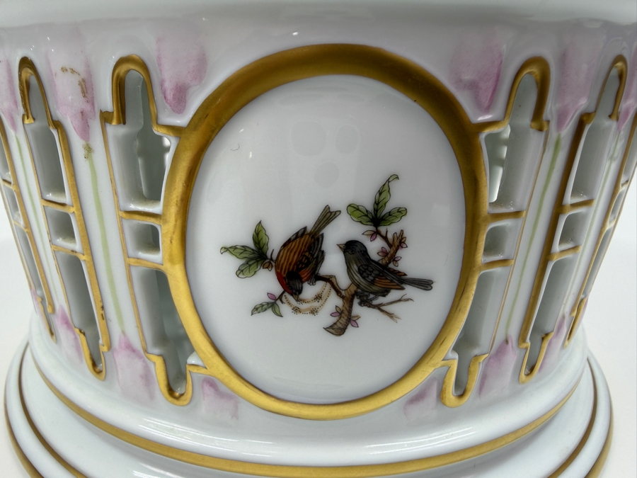 Herend Porcelain Openwork Biscuit Barrel And Lid With Hand-Painted Rothschild Birds And Floral Accents 6.5'W X 7'H (RSF) [Photo 9]