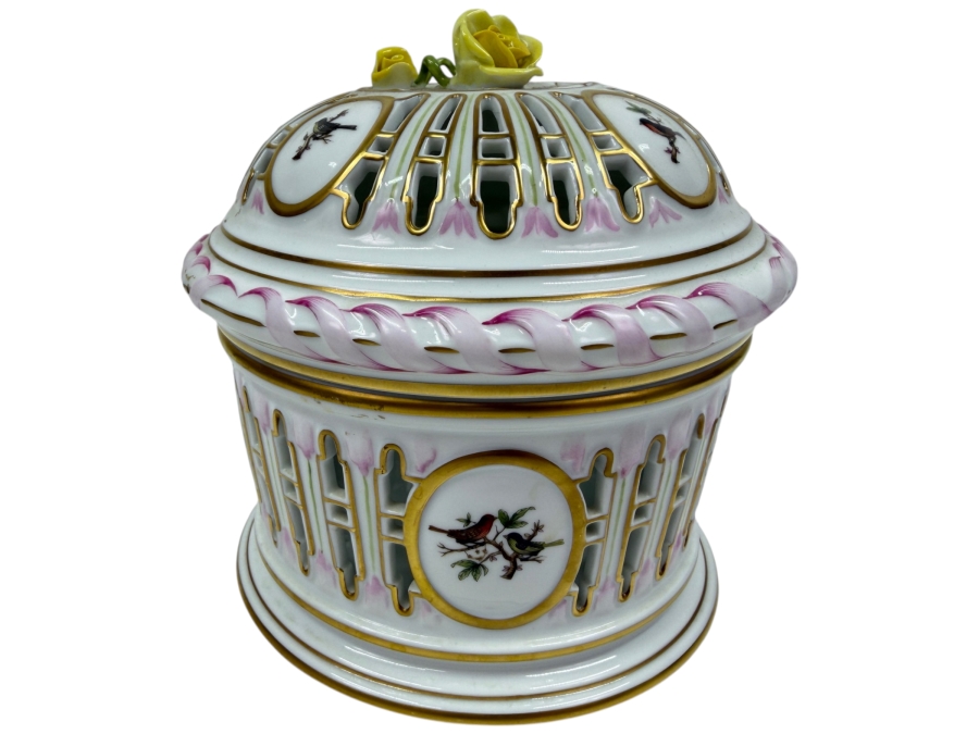 Herend Porcelain Openwork Biscuit Barrel And Lid With Hand-Painted Rothschild Birds And Floral Accents 6.5'W X 7'H (RSF)