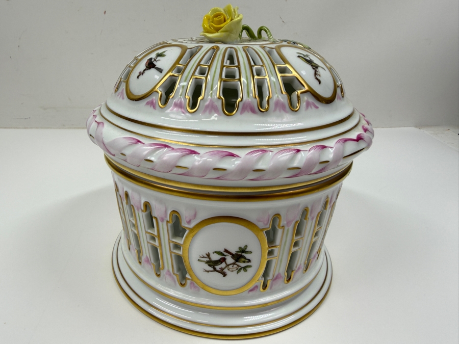 Herend Porcelain Openwork Biscuit Barrel And Lid With Hand-Painted Rothschild Birds And Floral Accents 6.5'W X 7'H (RSF) [Photo 6]
