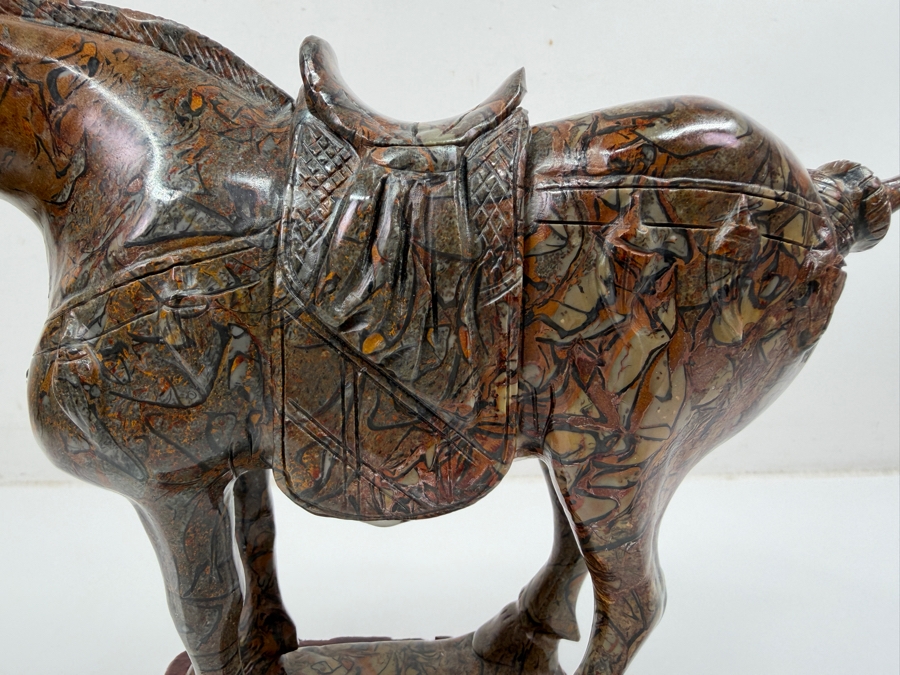Vintage Hand Carved Hardstone Tang Dynasty Style Statue Of A War Horse On Wooden Stand 9.5W X 3.5D X 8H (RSF) [Photo 5]