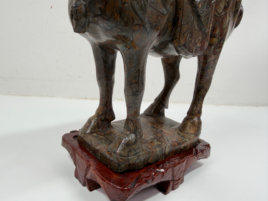 Vintage Hand Carved Hardstone Tang Dynasty Style Statue Of A War Horse On Wooden Stand 9.5W X 3.5D X 8H (RSF) [Photo 8]