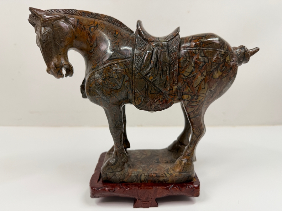 Vintage Hand Carved Hardstone Tang Dynasty Style Statue Of A War Horse On Wooden Stand 9.5W X 3.5D X 8H (RSF) [Photo 2]