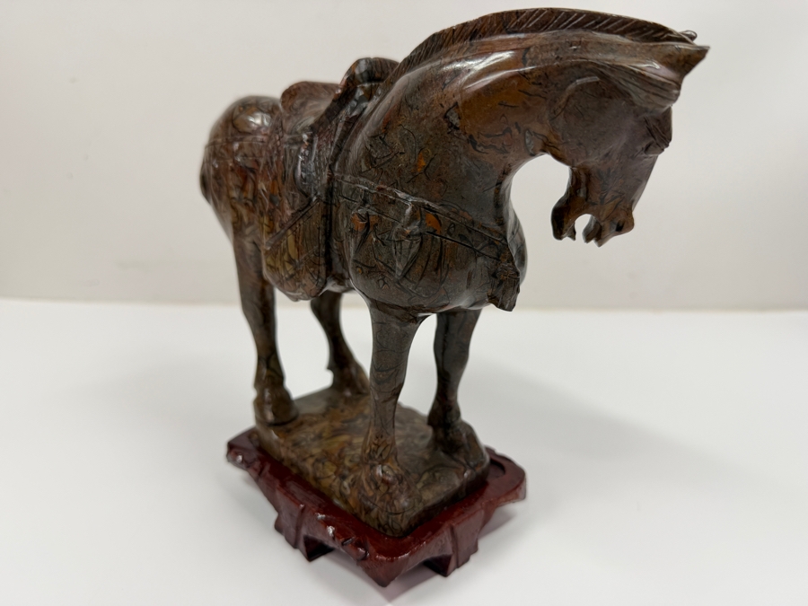Vintage Hand Carved Hardstone Tang Dynasty Style Statue Of A War Horse On Wooden Stand 9.5W X 3.5D X 8H (RSF) [Photo 9]