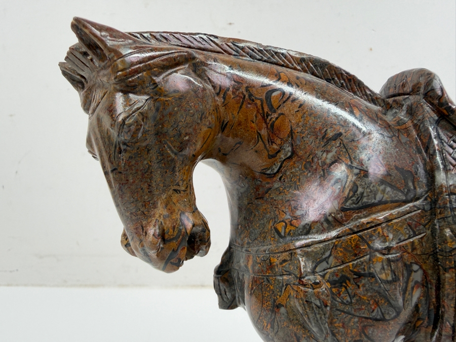 Vintage Hand Carved Hardstone Tang Dynasty Style Statue Of A War Horse On Wooden Stand 9.5W X 3.5D X 8H (RSF) [Photo 4]