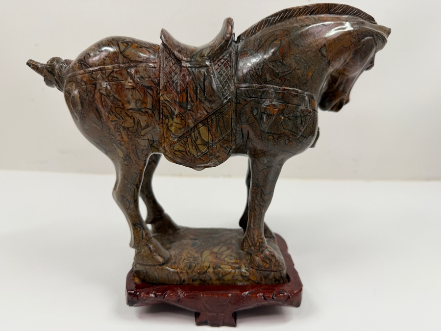 Vintage Hand Carved Hardstone Tang Dynasty Style Statue Of A War Horse On Wooden Stand 9.5W X 3.5D X 8H (RSF) [Photo 10]