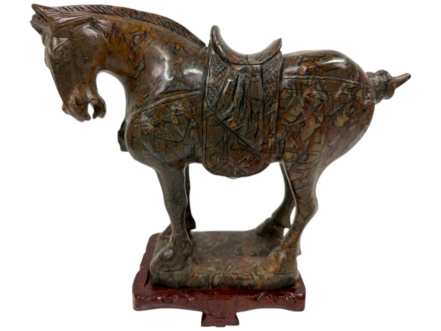 Vintage Hand Carved Hardstone Tang Dynasty Style Statue Of A War Horse On Wooden Stand 9.5W X 3.5D X 8H (RSF)