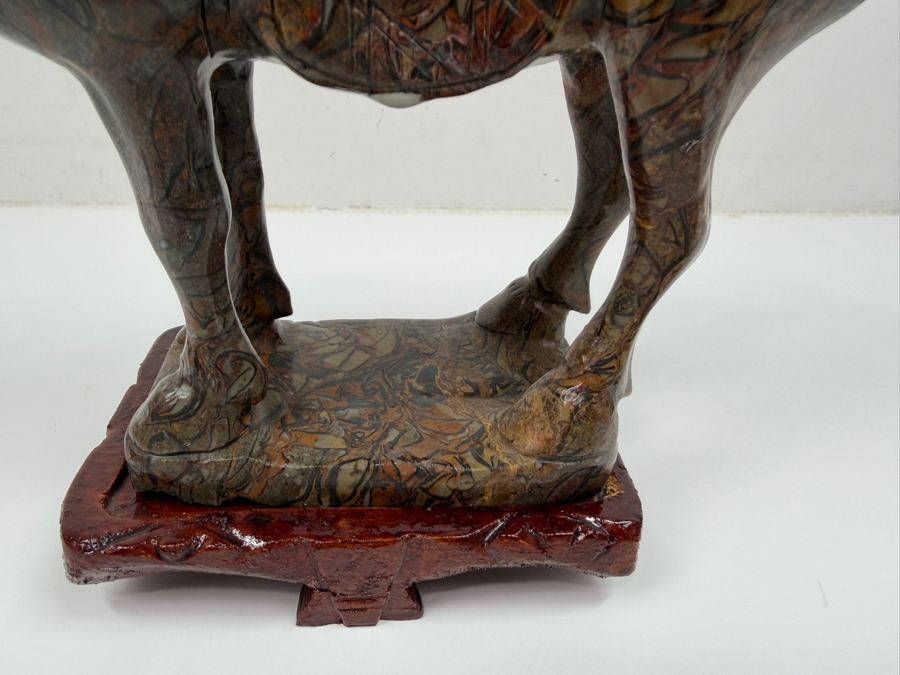 Vintage Hand Carved Hardstone Tang Dynasty Style Statue Of A War Horse On Wooden Stand 9.5W X 3.5D X 8H (RSF) [Photo 6]