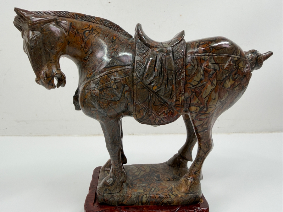 Vintage Hand Carved Hardstone Tang Dynasty Style Statue Of A War Horse On Wooden Stand 9.5W X 3.5D X 8H (RSF) [Photo 3]