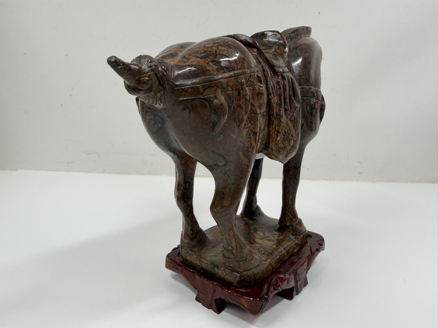 Vintage Hand Carved Hardstone Tang Dynasty Style Statue Of A War Horse On Wooden Stand 9.5W X 3.5D X 8H (RSF) [Photo 12]