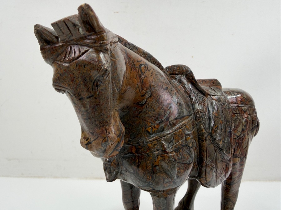 Vintage Hand Carved Hardstone Tang Dynasty Style Statue Of A War Horse On Wooden Stand 9.5W X 3.5D X 8H (RSF) [Photo 7]