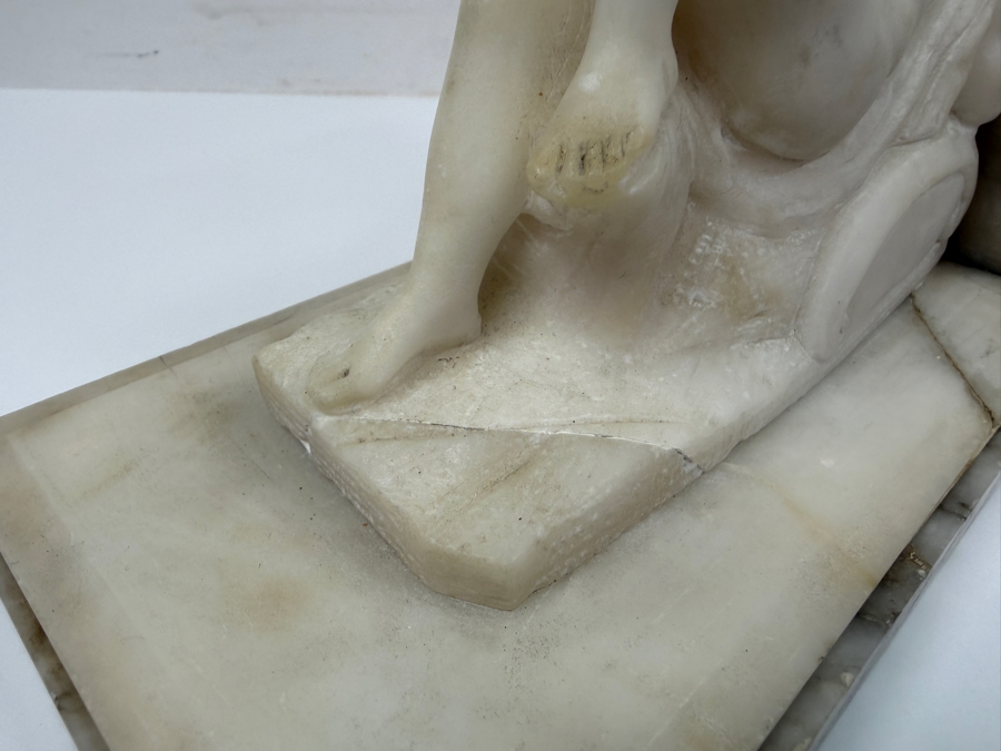 Hand-Carved Alabaster Or Marble Sculptures After Michelangelo's Allegories Dusk And Dawn From The Tomb Of Lorenzo De' Medici In Florence 15'W X 4'D X 6'H (One Bookend Has Been Repaired) (RSF) [Photo 5]