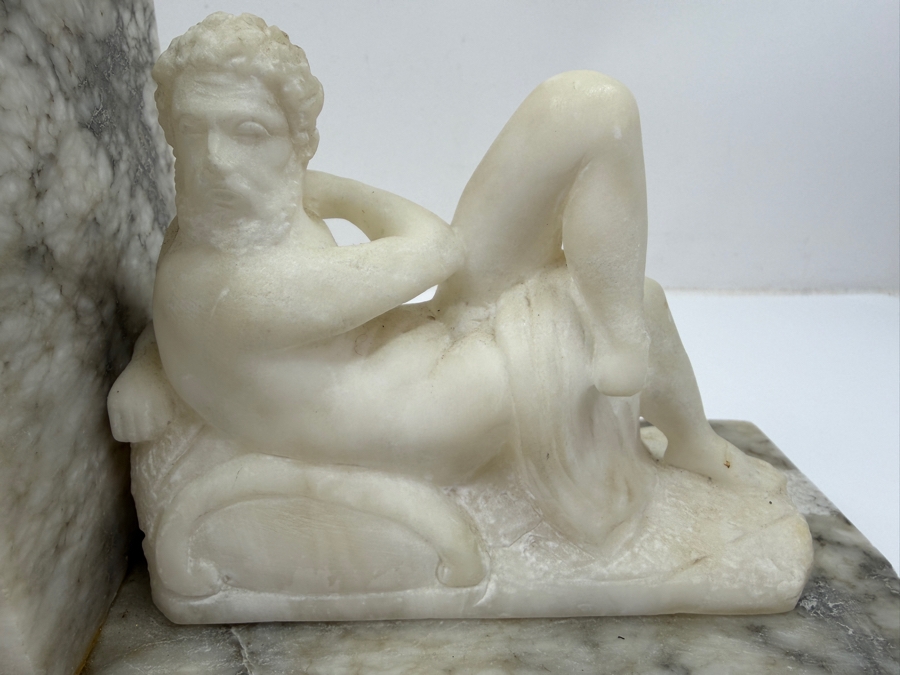 Hand-Carved Alabaster Or Marble Sculptures After Michelangelo's Allegories Dusk And Dawn From The Tomb Of Lorenzo De' Medici In Florence 15'W X 4'D X 6'H (One Bookend Has Been Repaired) (RSF) [Photo 2]