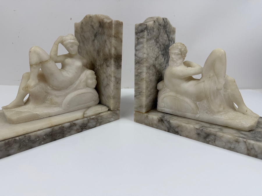 Hand-Carved Alabaster Or Marble Sculptures After Michelangelo's Allegories Dusk And Dawn From The Tomb Of Lorenzo De' Medici In Florence 15'W X 4'D X 6'H (One Bookend Has Been Repaired) (RSF) [Photo 7]