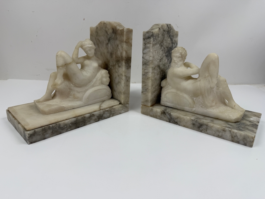 Hand-Carved Alabaster Or Marble Sculptures After Michelangelo's Allegories Dusk And Dawn From The Tomb Of Lorenzo De' Medici In Florence 15'W X 4'D X 6'H (One Bookend Has Been Repaired) (RSF) [Photo 6]