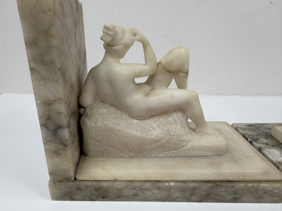 Hand-Carved Alabaster Or Marble Sculptures After Michelangelo's Allegories Dusk And Dawn From The Tomb Of Lorenzo De' Medici In Florence 15'W X 4'D X 6'H (One Bookend Has Been Repaired) (RSF) [Photo 10]