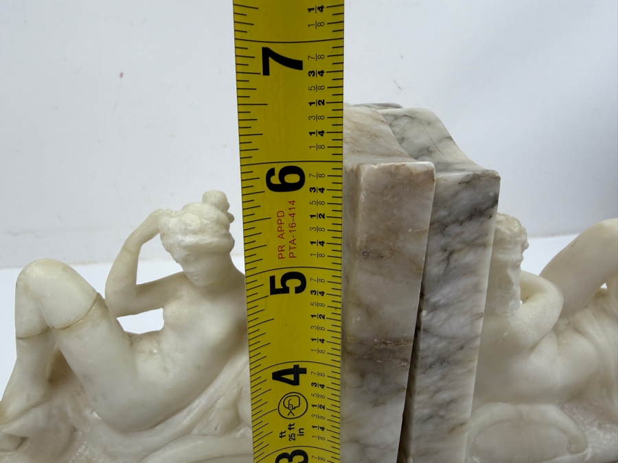 Hand-Carved Alabaster Or Marble Sculptures After Michelangelo's Allegories Dusk And Dawn From The Tomb Of Lorenzo De' Medici In Florence 15'W X 4'D X 6'H (One Bookend Has Been Repaired) (RSF) [Photo 15]