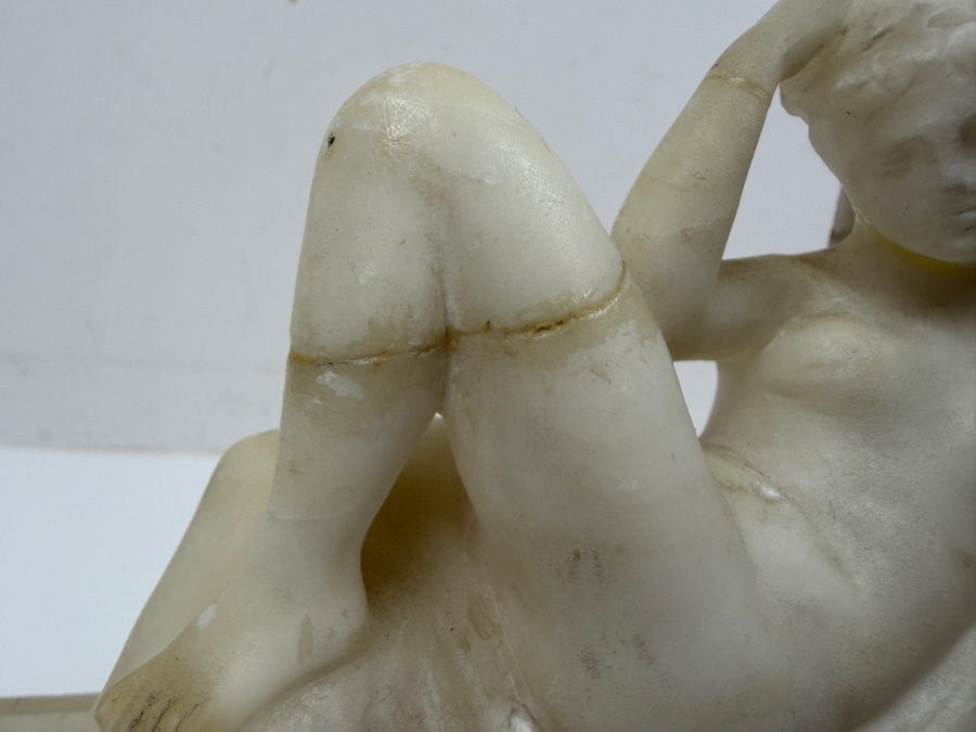 Hand-Carved Alabaster Or Marble Sculptures After Michelangelo's Allegories Dusk And Dawn From The Tomb Of Lorenzo De' Medici In Florence 15'W X 4'D X 6'H (One Bookend Has Been Repaired) (RSF) [Photo 4]